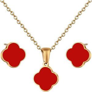Women's Clover Shape Stud Earrings Necklace Set, Red